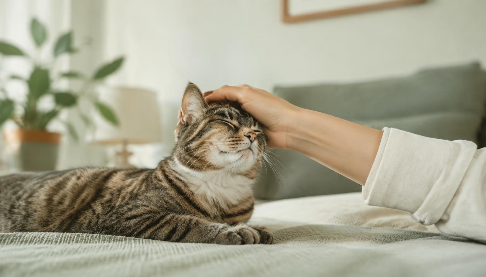 Mão acariciando a cabeça de um gato tigrado tranquilo